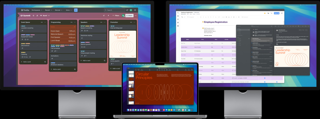 MacBook Pro with two Studio Displays — onscreen, a user prepares for a leadership summit, tracking tasks in the app Trello, preparing a presentation and reviewing design files via email