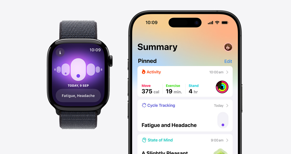 An Apple Watch Series 10 showing the Cycle Tracking app and an iPhone 16 Pro with the Health app showing Cycle Tracking information