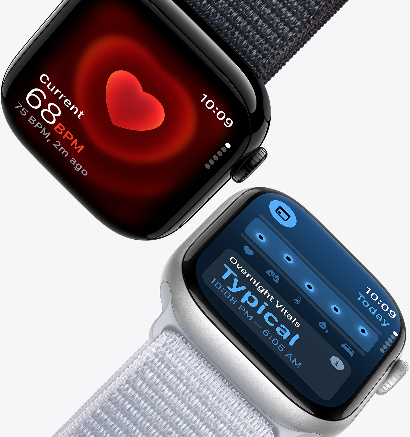 The Heart Rate app showing a current reading of 68 BPM on an Apple Watch Series 10 and the Vitals app showing typical overnight vitals on an Apple Watch Series 10.