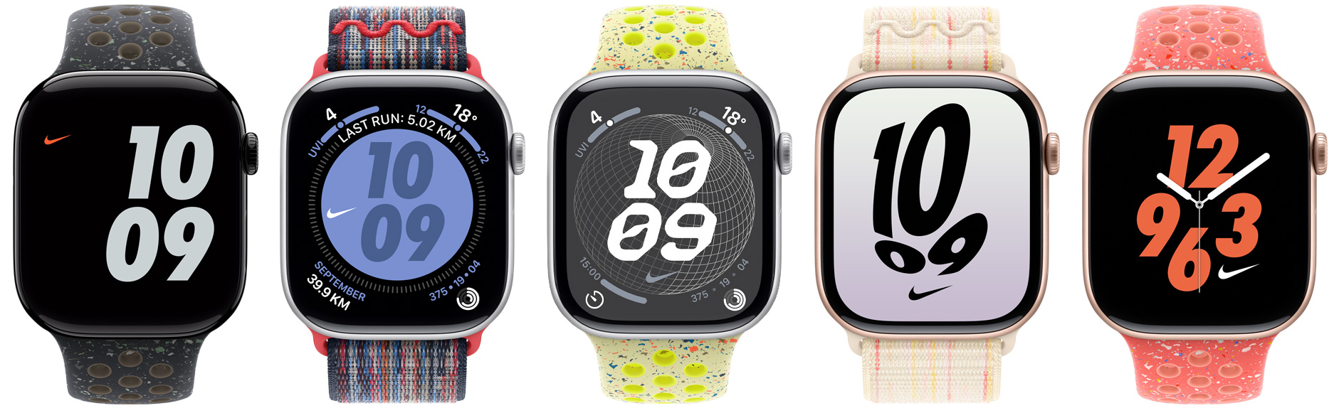 Cinci dispozitive Apple Watch cu brățări și curele Sport Nike, care arată fețele de ceas Nike configurate în diverse culori.