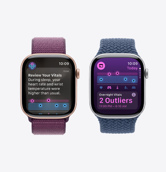 O notificare care te îndeamnă să-ți verifici datele vitale pe un Apple Watch Series 10 și aplicația Semne vitale afișând datele vitale înregistrate pe timpul nopții, cu două valori ieșite din comun, pe un Apple Watch Series 10.