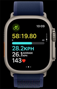 Apple Watch Ultra 2 arată viteza unui ciclist.