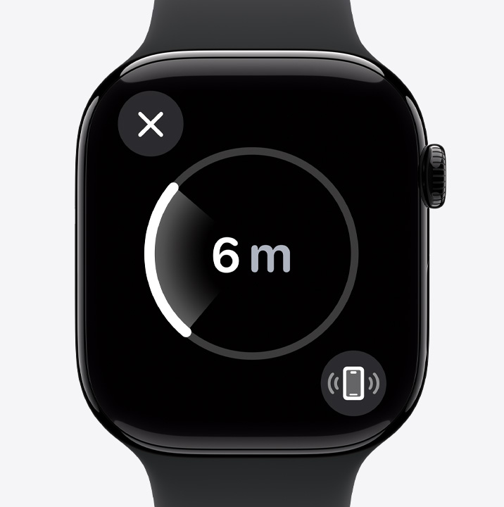 The Precision Finding screen on an Apple Watch Series 10 showing that the watch user's iPhone is 6 metres away.