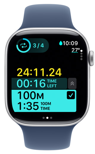 An Apple Watch screen displays the timing of a custom pool swim workout