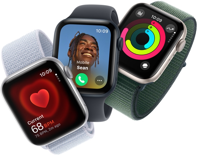 Three Apple Watch SE devices showing heart rate monitoring, an incoming call, and activity rings