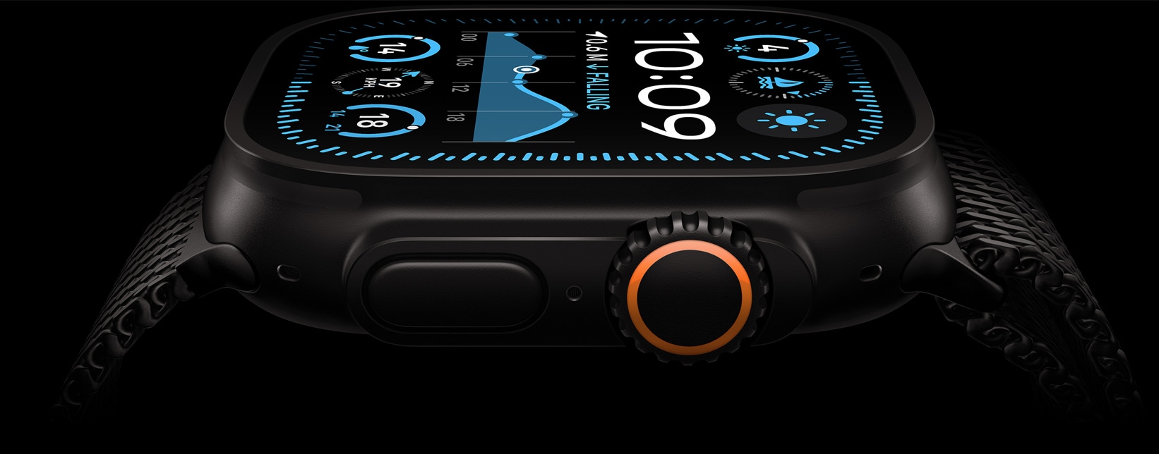 Apple Watch Ultra 2 screen, with a Black Titanium case, displaying time, temperature, and live activities.