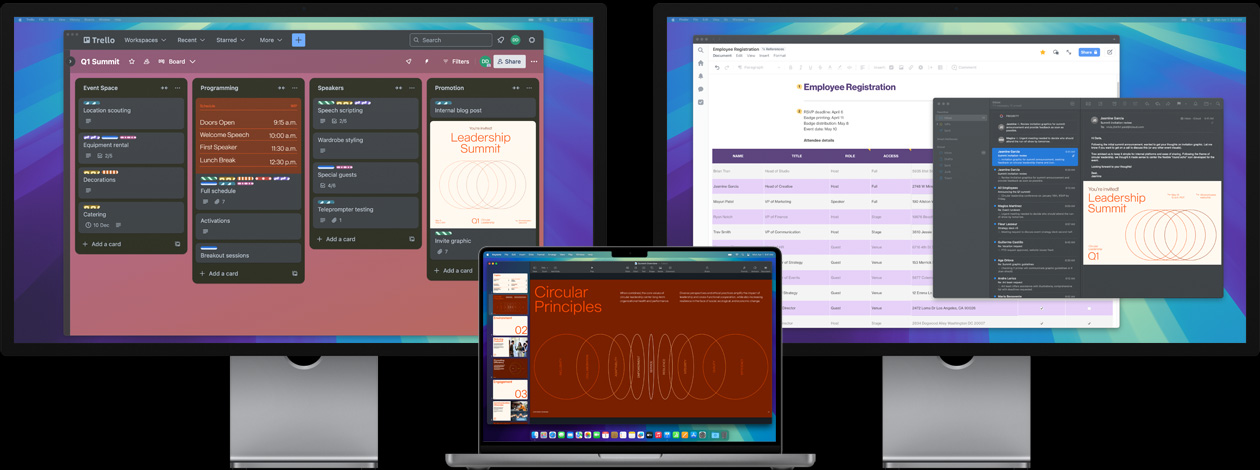 MacBook Pro with two Studio Displays — onscreen, a user prepares for a leadership summit, tracking tasks in the app Trello, preparing a presentation, and reviewing design files via email