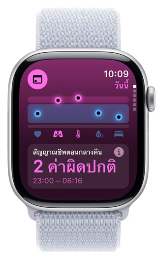 หน้าจอ Apple Watch แสดงสัญญาณชีพตอนกลางคืนโดยมีค่าผิดปกติ 2 ค่า