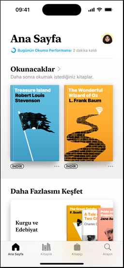 Books uygulamasının Sizin İçin kısmını gösteren iPhone ekranı. Haftalık En İyi 5 listesi görünmekte