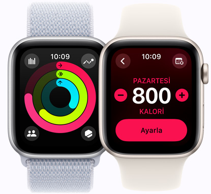 İki adet Apple Watch SE aygıtının ekranında Aktivite halkası ve kalori hedefleri gösteriliyor