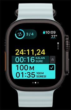 Apple Watch Ultra 2’de Özel Antrenmanlar ekranında zamanlanmış bir ana evre aralığı gösteriliyor.