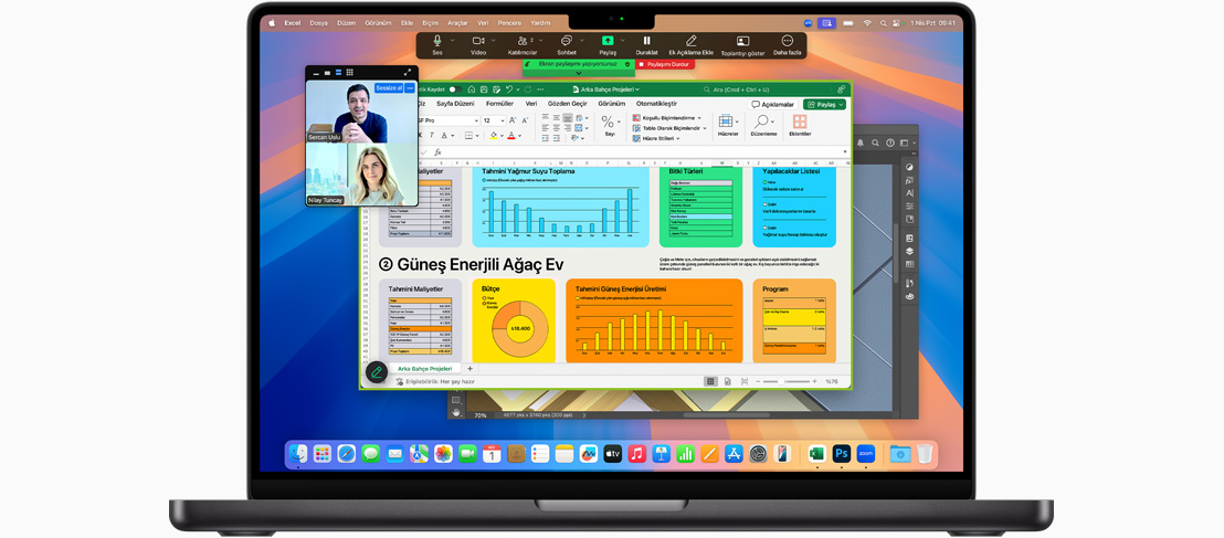 Mac laptop ekranında bir görüntülü arama ve hesap tablosu projesi gösteriliyor.