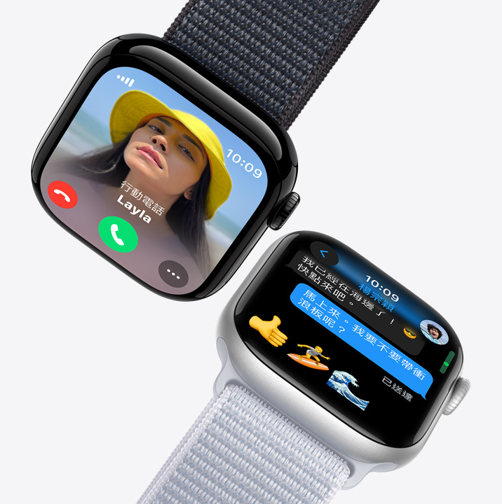 兩隻 Apple Watch Series 10 的螢幕畫面。第一隻顯示有一通來電。第二隻顯示訊息。