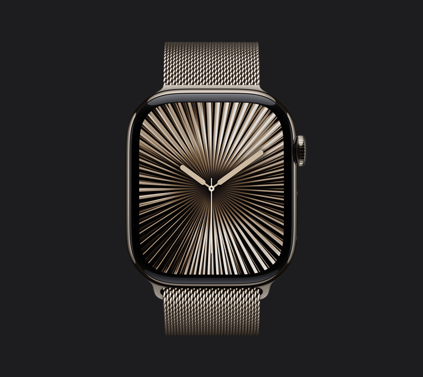 A front view of the Natural titainium finish on Apple Watch Series 10.