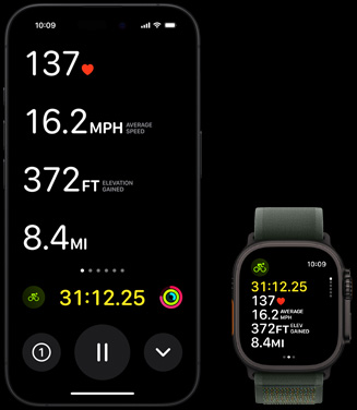 Live Aktivität zeigt die Radfahrdaten einer Person sowohl auf ihrer Apple Watch Ultra 2 als auch auf ihrem iPhone.