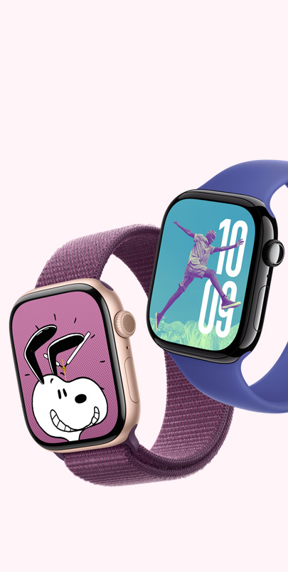 Dos Apple Watch Series 10. El primero tiene la carátula Snoopy y una correa loop deportiva color ciruela. El segundo tiene la carátula Fotos y una correa uniloop color ultramarino.