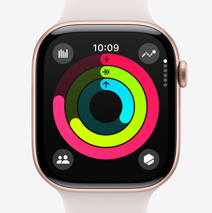 Un Apple Watch Series 10 con la app Actividad en pantalla muestra el progreso de una persona en sus círculos Moverse, Ejercicio y Pararse.