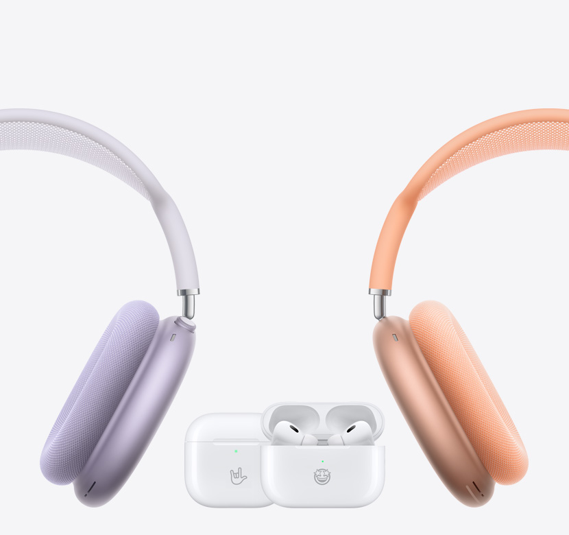 AirPods Max a la izquierda y a la derecha, y AirPods 4 y AirPods Pro 2 en el centro.