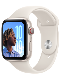 Un Apple Watch SE con caja de aluminio blanco estelar y correa deportiva blanco estelar (blanca).