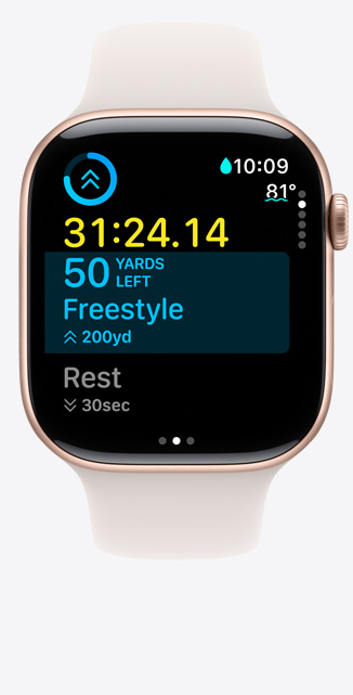 Vorderansicht der Apple Watch Series 10 mit einem Bildschirm für ein eigenes Beckenschwimmen Training mit Schwimmmesswerten auf dem Display.