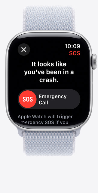 Vorderansicht einer Apple Watch Series 10, die eine Mitteilung zu einem schweren Sturz anzeigt.