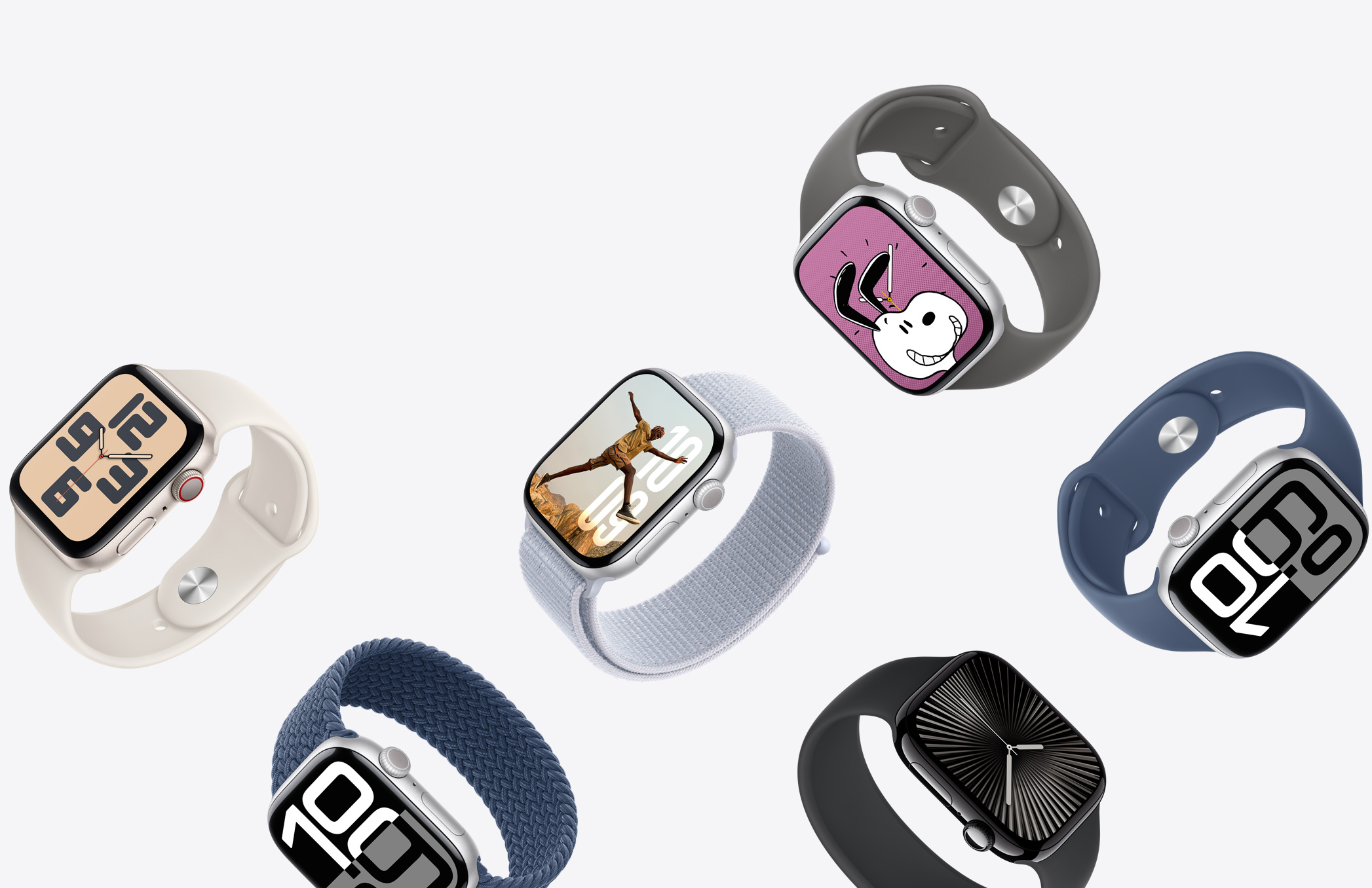 様々な仕上げのケースと多彩なカラーと素材のバンドを組み合わせたApple Watchデバイスのラインナップ。