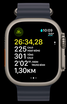 Apple Watch Ultra 2 hiển thị màn hình bơi lội ngoài trời với thời gian, lượng calo và tốc độ.