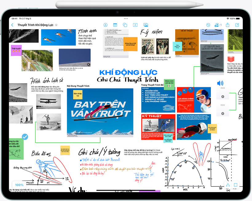 iPad Air, nằm ngang, có gắn Apple Pencil Pro