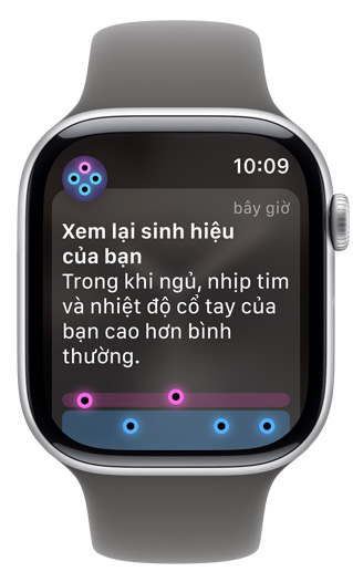 Màn hình Apple Watch đang hiển thị và cảnh báo 'Xem Lại Sinh Hiệu Của Bạn'