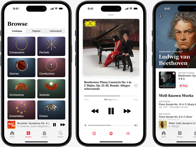 iPhone on left showing Apple Music Classical New tab with the Catalogue tab selected with Composers, Periods, Genres, Conductors, Orchestras, Soloists, Ensembles and Choirs categories; iPhone in middle showing Beethoven's Piano Concerto No. 1 in C Major, Op. 15: III. Rondo. Allegro scherzando playing in Dolby Atmos; iPhone on right showing Ludwig van Beethoven’s Composer page