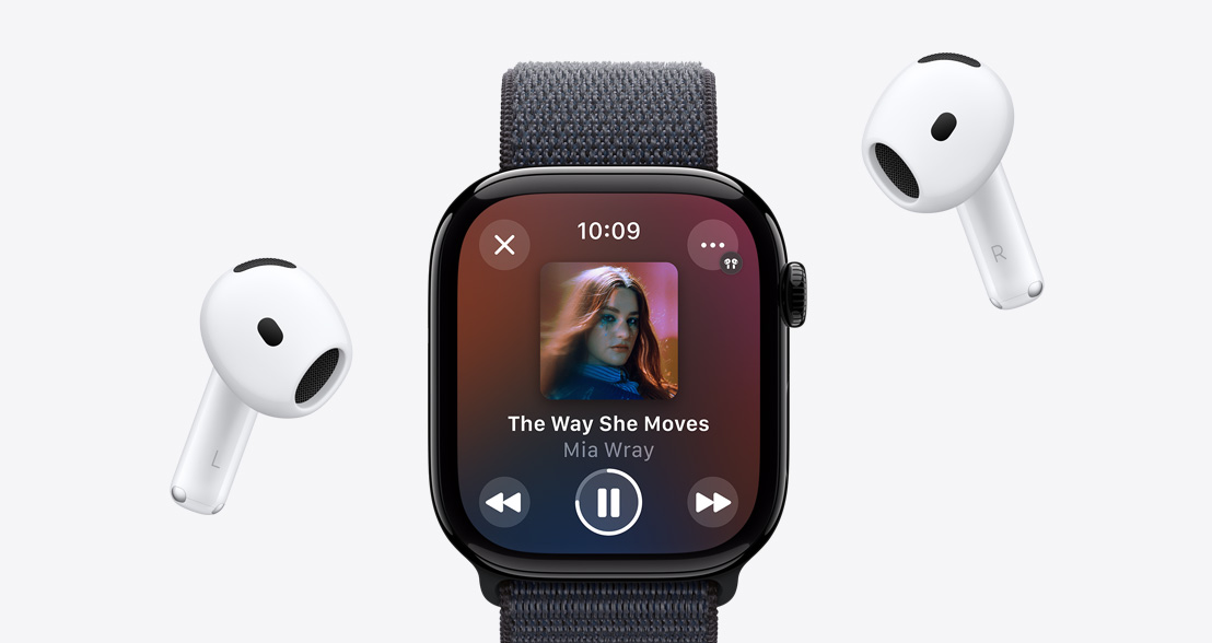 AirPods 4 around an Apple Watch Series 10 with an Apple Music Playlist playing.