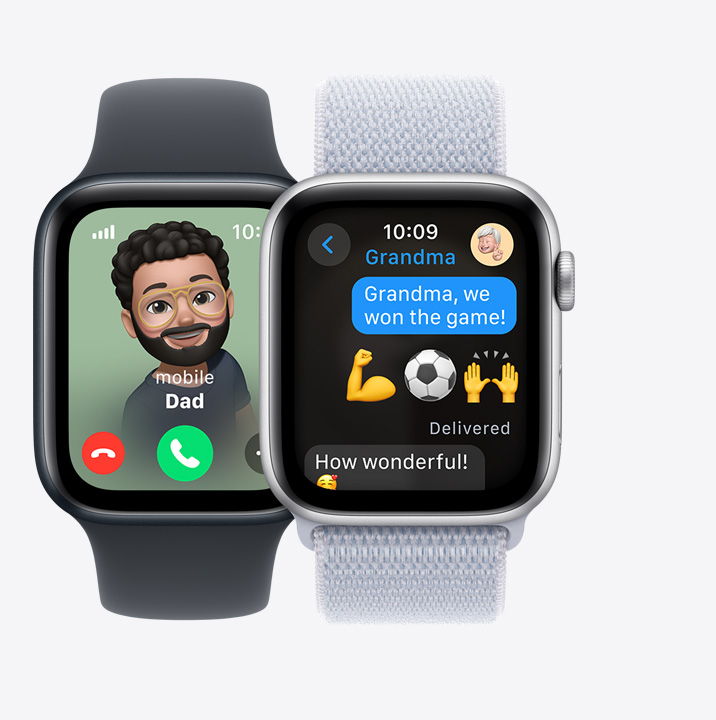 Two Apple Watch SE. The first shows an incoming call from Dad. The second shows a child texting “Grandma! We won the game!”