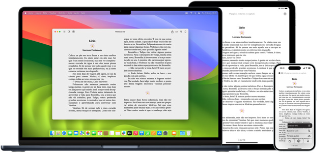 O MacBook Pro e o iPad Air mostram uma página do mesmo e-book no app Livros.