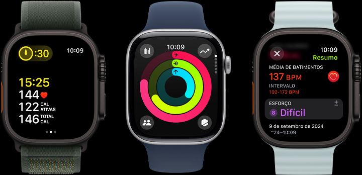 Três unidades de Apple Watch com métricas de exercício, círculos de Atividade e informações pós-treino na tela.