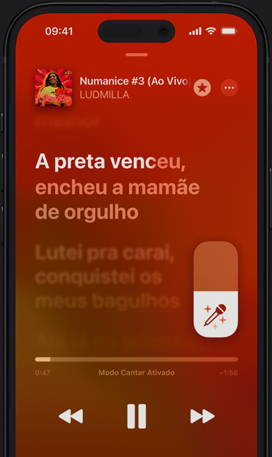  Modo Apple Music Sing no iPhone reproduzindo a faixa Numanice, de Ludmilla