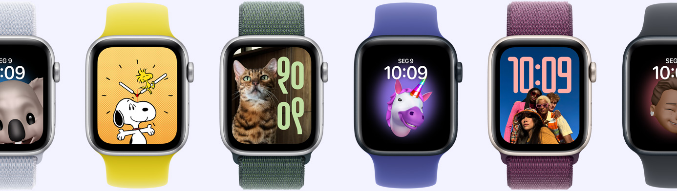 Seis aparelhos Apple Watch com diversas opções de mostrador, como Memoji, Fotos, Retrato e Snoopy.