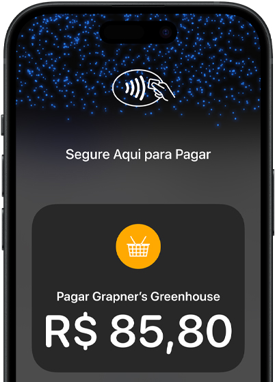 Close da tela de um iPhone com o ícone de pagamento por aproximação e informações sobre a transação na tela.