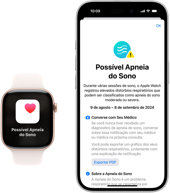 Um Apple Watch e um iPhone mostrando notificações de “Possível Apneia do Sono” no app Saúde.