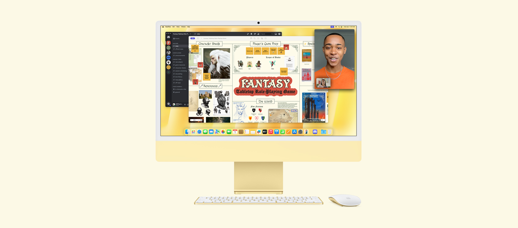 iMac amarelo. A tela mostra os apps Freeform, Discord e FaceTime usados juntos para uma sessão de RPG online.