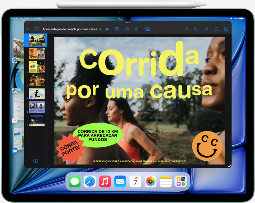 Imagem do iPad Air mostrando como o Organizador Visual ajuda a realizar várias tarefas ao mesmo tempo.