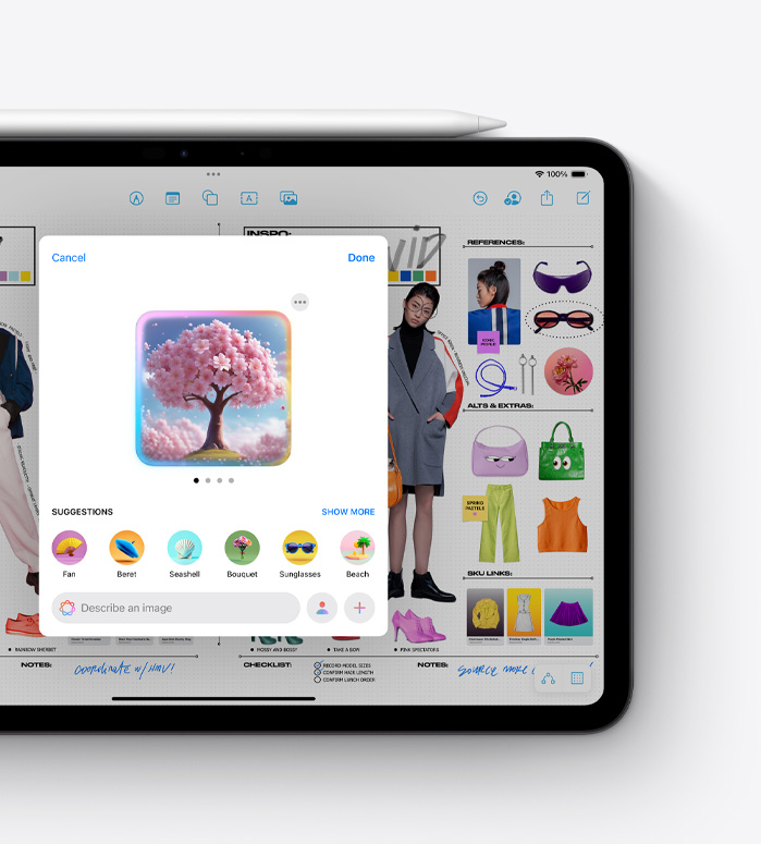 O recurso Image Playground da Apple Intelligence é usado no Freeform no iPad mini.