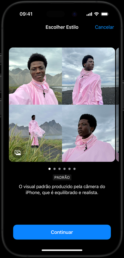 Demonstração de como selecionar Estilos Fotográficos mostrada no iPhone 16 Pro em titânio preto