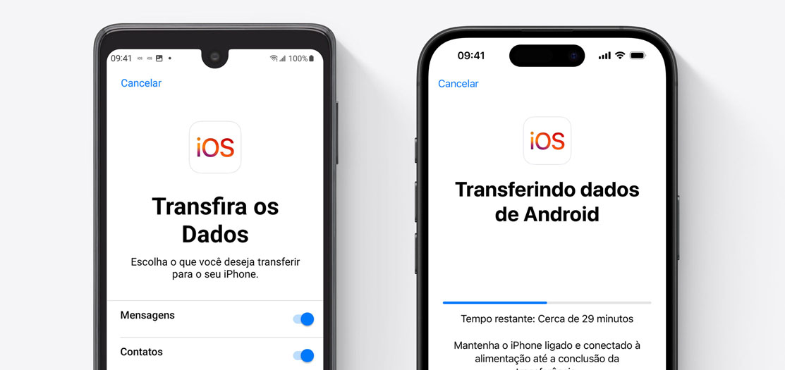 As telas do Android e do iPhone 16 mostram a transferência de dados