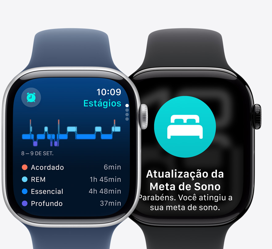 As telas de dois aparelhos Apple Watch Series 10 mostram dados de Estágios do Sono e uma notificação de Atualização da Meta de Sono.