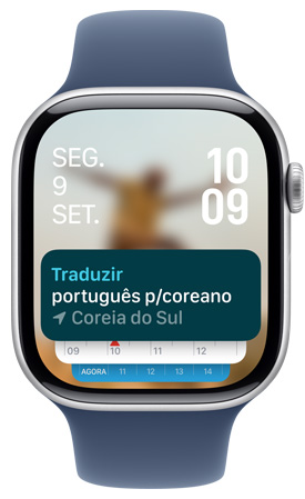 Tela de um Apple Watch mostra o widget do app Traduzir no Conjunto Inteligente.