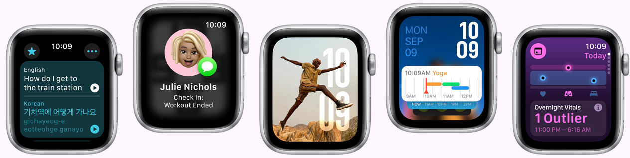 Five Apple Watch devices showing screens, including Translate app, Check in app, Photos face, Modular watch face and Vitals app