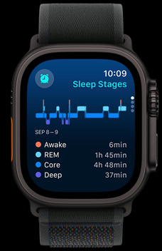 The Sleep app showing how much time someone has spent in REM, core and deep sleep.