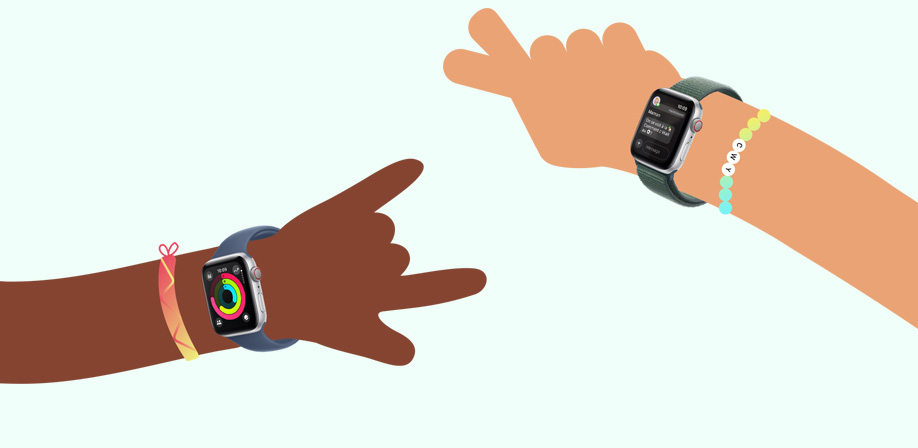 « Illustration montrant les bras de deux enfants qui portent une Apple Watch SE. Les montres affichent respectivement les anneaux d’activité et l’app Messages. »