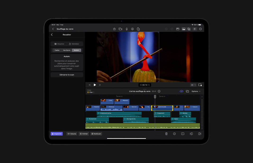 Modification des proportions d’un plan dans Final Cut Pro pour iPad sur un iPad Pro.