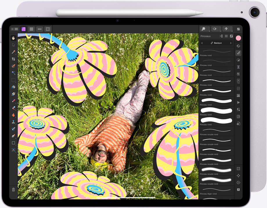 iPad Air, orientation paysage, montrant une image éclatante en cours de retouche